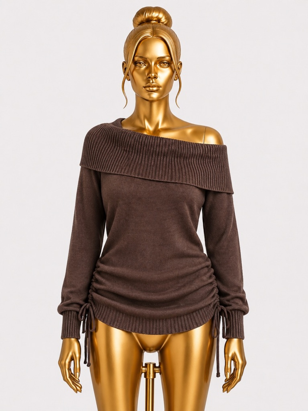 Fashion Nova Chocolate Off-Shoulder Sweater with ties